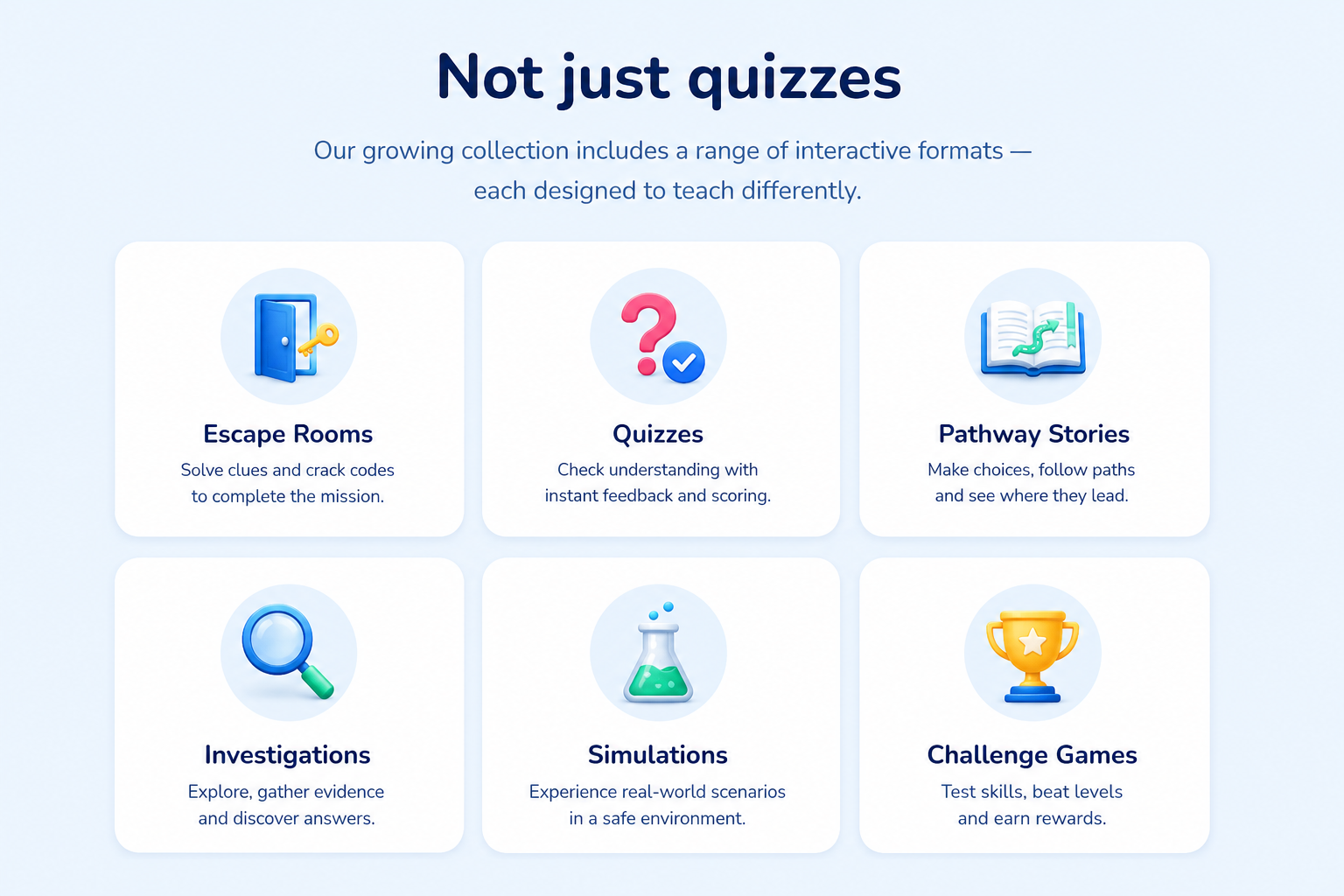 Aura activity types: escape rooms, quizzes, pathway stories, investigations, simulations and challenge games